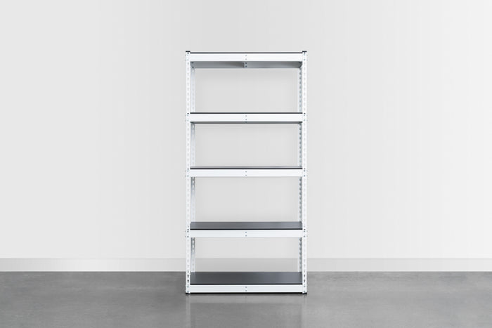 Empty white shelving unit in a garage. 36 inches wide and 72 inches tall.