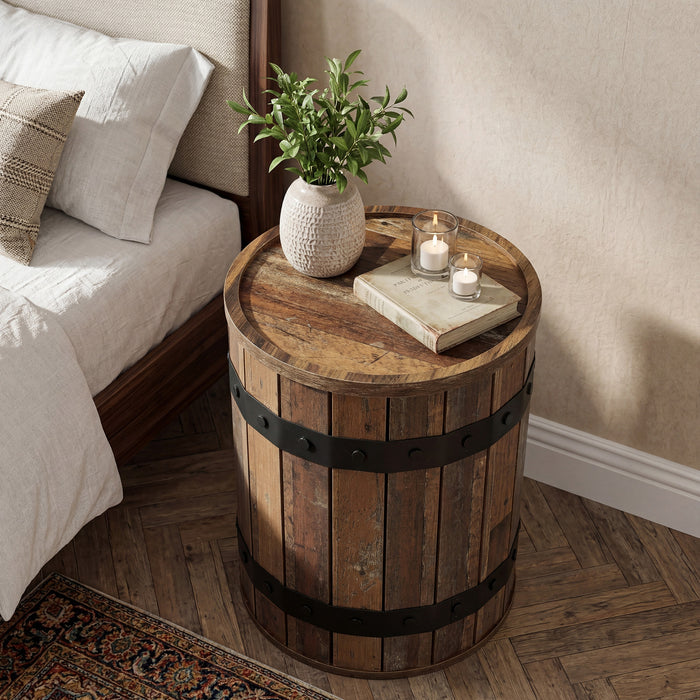 19.68-Inch Barrel Side Table with Hidden Storage, Farmhouse Round End Table with Removable Lid