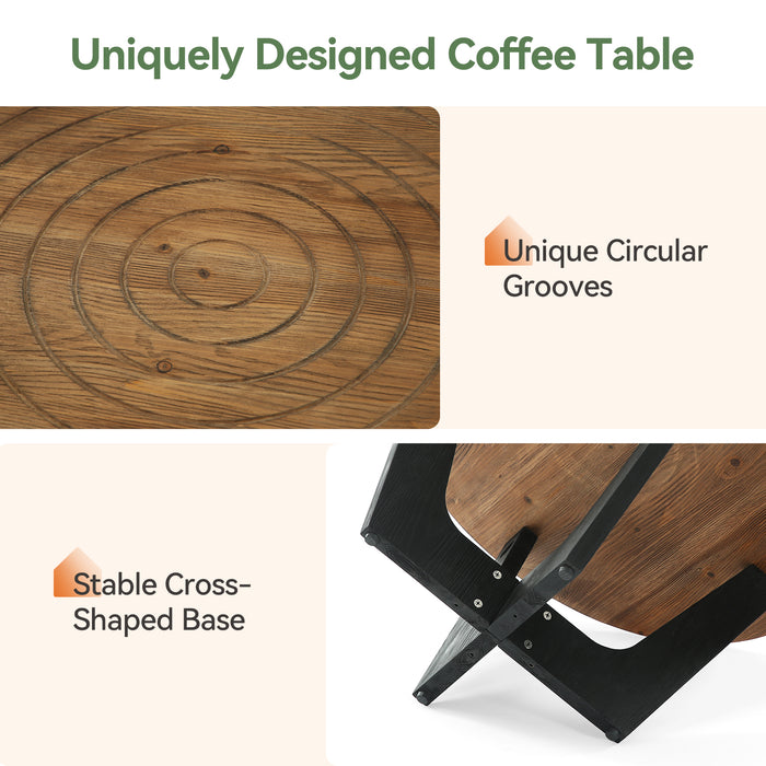 31.5-Inch Round Solid Wood Coffee Table with Ring Groove