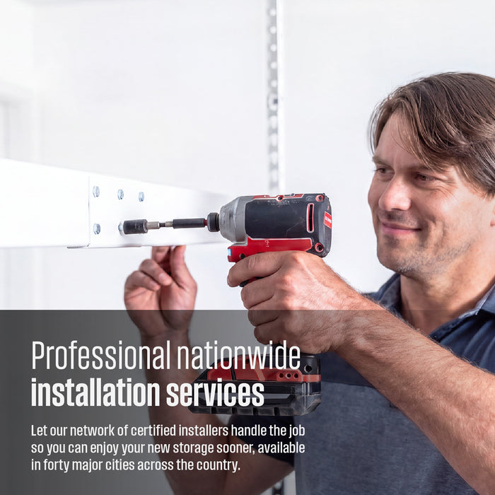 A SafeRacks installer installs a white overhead rack. Text overlay reads 'Professional nationwide installation services, let our network of certified installers handle the job so you can enjoy your new storage sooner, available in forty major cities across the country'