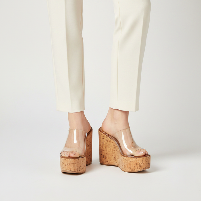 Marina Cork Wedge Mule Clear Vinyl worn by a model