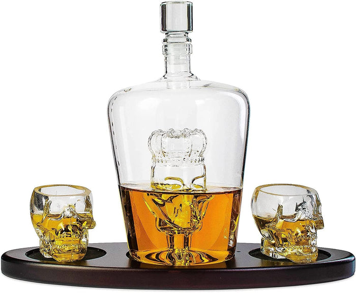 Skull Crown Decanter in Bottle Skull Head with 2 Skull Glasses by The Wine Savant 750ml