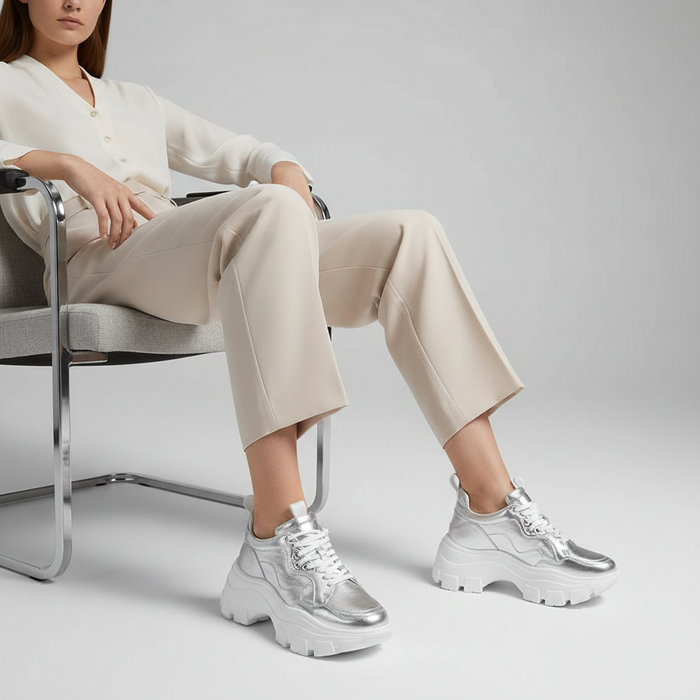 Stacy Sneaker Silver Metallic Leather worn by a model