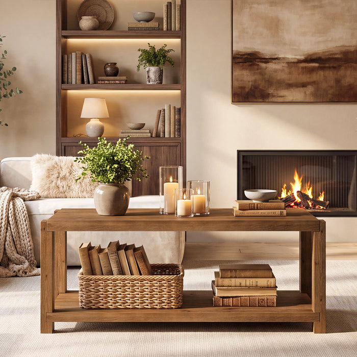 Tribesigns 47-Inch Solid Wood Coffee Table, 2-Tier Farmhouse Cocktail Table with Storage Shelf