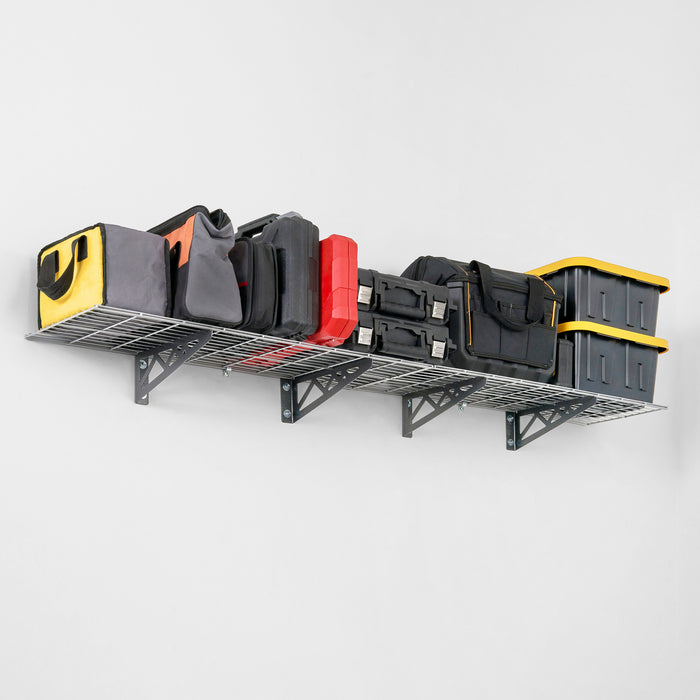 Wall-mounted metal shelves with storage bins and tool bags in a garage.