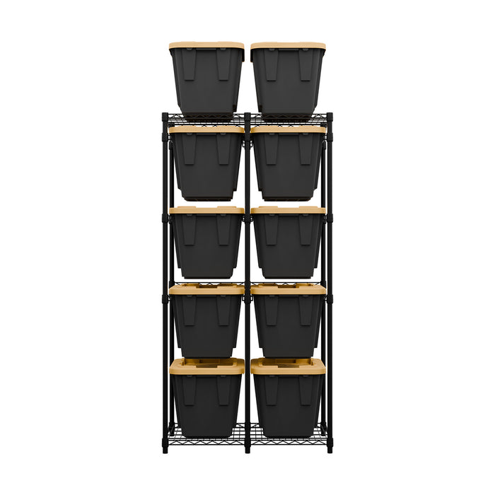 A black bin rack holding ten 12-gallon black and yellow storage bins.