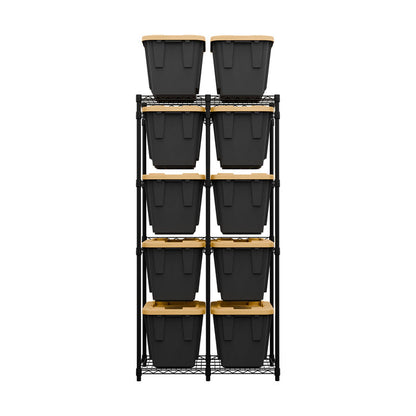 A black bin rack holding ten 12-gallon black and yellow storage bins.