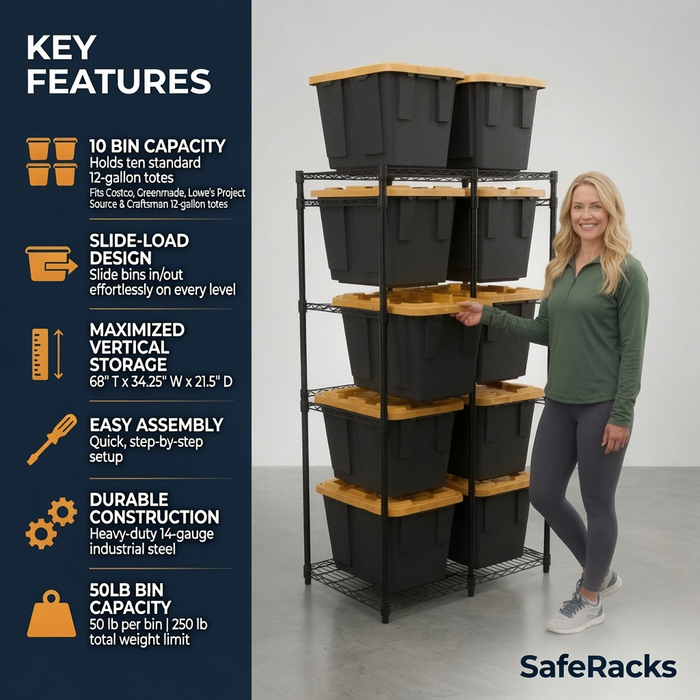 A woman stands next to a black bin rack that holds ten 12-gallon black and yellow storage bins. Text overlay reads 'Key features, 10 bin capacity, holds ten standard 12-gallon totes, fits Costco, Greenmade, Lowe's Project Source & Craftsman 12-gallon totes. Slide-load design, slide bins in/out effortlessly on every level. Maximize vertical storage, 68" T x 34.25" W x 21.5" D. Easy assembly, quick, step-by-step setup. Durable construction, heavy-duty 14-gauge industrial steel. 50lb bin capacity, 250lb total'