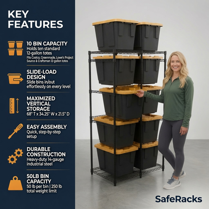 A woman stands next to a black bin rack that holds ten 12-gallon black and yellow storage bins. Text overlay reads 'Key features, 10 bin capacity, holds ten standard 12-gallon totes, fits Costco, Greenmade, Lowe's Project Source & Craftsman 12-gallon totes. Slide-load design, slide bins in/out effortlessly on every level. Maximize vertical storage, 68" T x 34.25" W x 21.5" D. Easy assembly, quick, step-by-step setup. Durable construction, heavy-duty 14-gauge industrial steel. 50lb bin capacity, 250lb total'