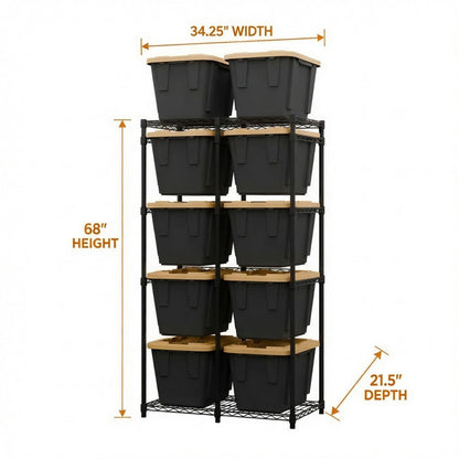 A black bin rack holding ten 12-gallon black and yellow storage bins. Measurement lines indicate the following dimensions: 34.25 inches wide, 68 inches tall, 21.5 inches deep.