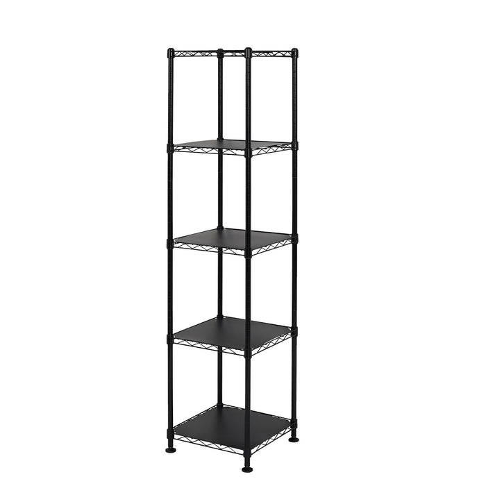 Black metal wire shelving unit with five shelves.