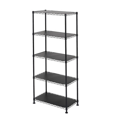 Black metal wire shelving unit with five shelves.