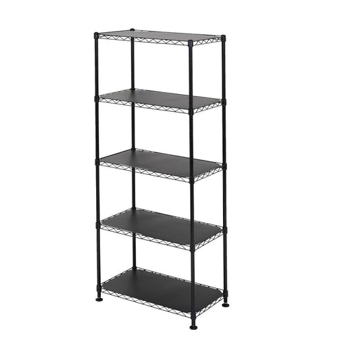 Black metal wire shelving unit with five shelves.