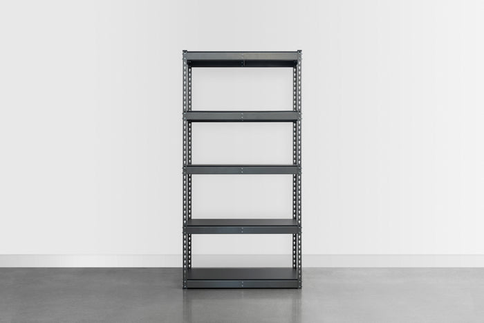 Empty textured grey shelving unit in a garage. 36 inches wide and 72 inches tall.