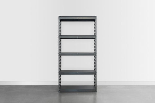 Empty textured grey shelving unit in a garage. 36 inches wide and 72 inches tall.