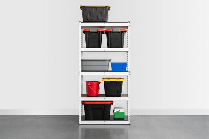 White shelving unit in a garage. The shelves are filled with bins, buckets, and other garage gear. 36 inches wide and 72 inches tall.