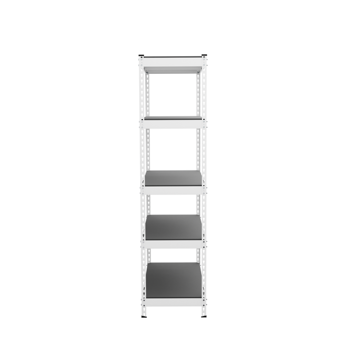 Side view of empty white shelving unit.