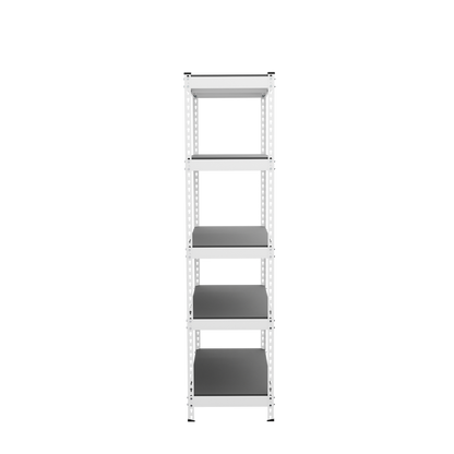 Side view of empty white shelving unit.