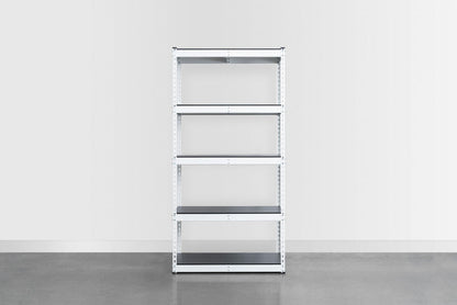 Empty white shelving unit in a garage. 36 inches wide and 72 inches tall.