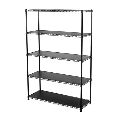 Black metal wire shelving unit with five shelves.