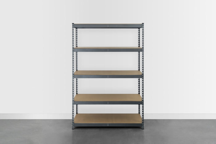 Empty textured grey shelving unit in a garage. 48 inches wide and 72 inches tall.