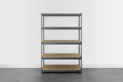 Empty textured grey shelving unit in a garage. 48 inches wide and 72 inches tall.