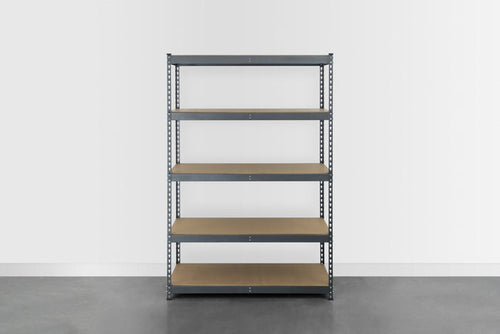 Empty textured grey shelving unit in a garage. 48 inches wide and 72 inches tall.