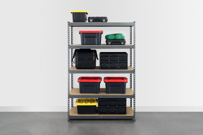 Textured grey shelving unit in a garage. The shelves are filled with bins, bags, and other garage gear. 48 inches wide and 72 inches tall.