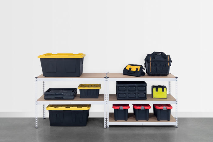 White shelving unit in a garage. The shelves are filled with bins, bags, and other garage gear. The shelving is assembled in two columns, 96 inches wide total and 36 inches tall.