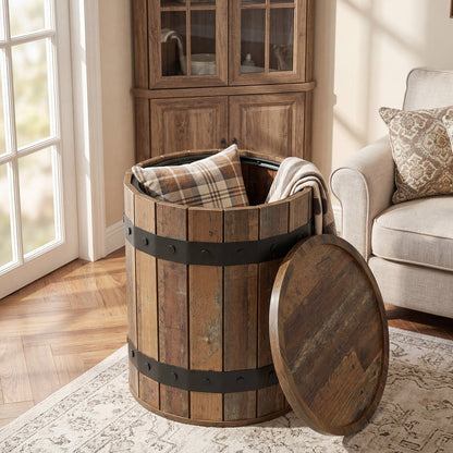 19.68-Inch Barrel Side Table with Hidden Storage, Farmhouse Round End Table with Removable Lid