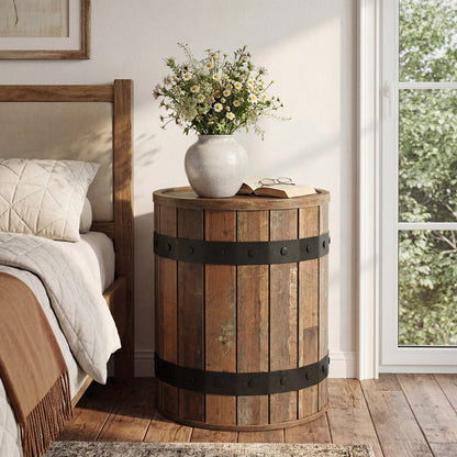 19.68-Inch Barrel Side Table with Hidden Storage, Farmhouse Round End Table with Removable Lid