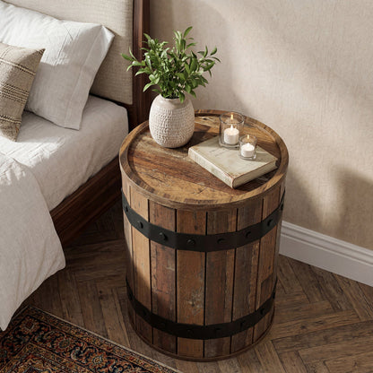 19.68-Inch Barrel Side Table with Hidden Storage, Farmhouse Round End Table with Removable Lid