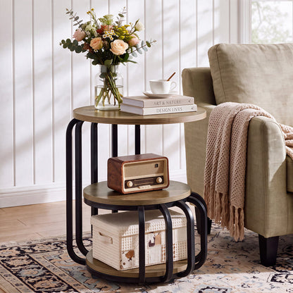 19.69 Inch Round End Table, 3 Tier Industrial Side Table with Storage for Living Room
