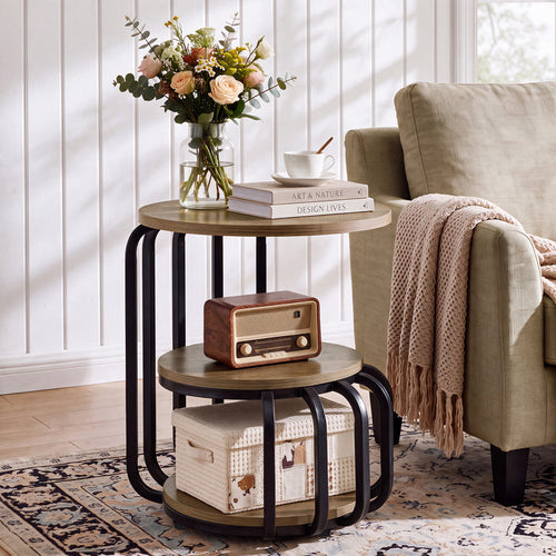 19.69 Inch Round End Table, 3 Tier Industrial Side Table with Storage for Living Room