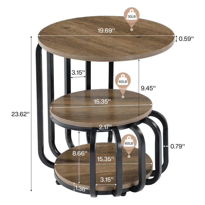 19.69 Inch Round End Table, 3 Tier Industrial Side Table with Storage for Living Room