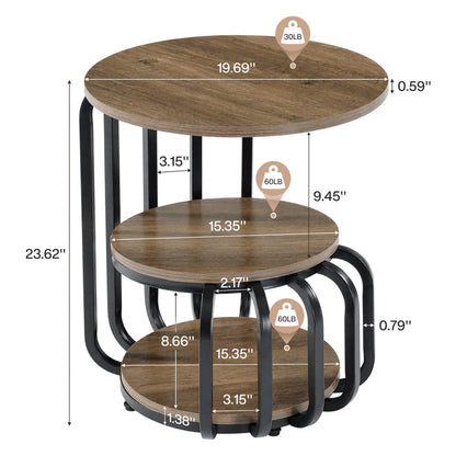 19.69 Inch Round End Table, 3 Tier Industrial Side Table with Storage for Living Room
