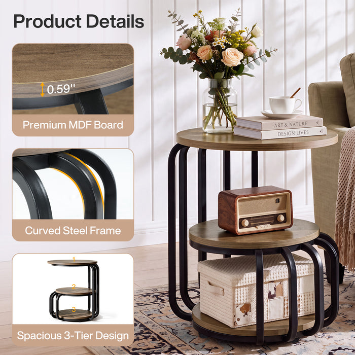 19.69 Inch Round End Table, 3 Tier Industrial Side Table with Storage for Living Room
