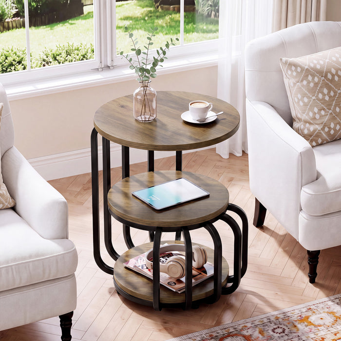19.69 Inch Round End Table, 3 Tier Industrial Side Table with Storage for Living Room