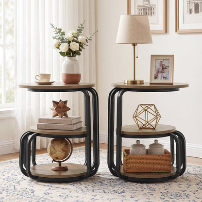 19.69 Inch Round Nightstand, 3 Tier Industrial Side Table with Storage for Bedroom