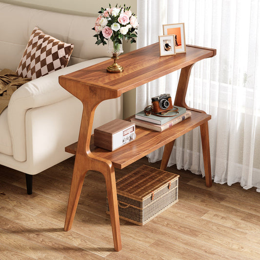 2-Tier End Table, Slim Sofa Side Table with Storage Shelf#Colour_Walnut