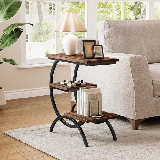 23.62" Industrial Brown Oak Side Table - Black Metal C-Frame & 3 Shelves