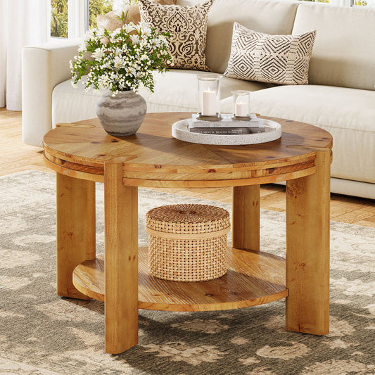 29.5 Inch Solid Wood Round Coffee Table, Farmhouse 2-Tier Circle Center Table with Open Storage Shelf for Living Room Apartment
