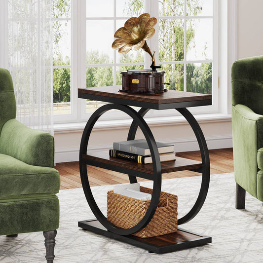 3-Tier End Table, Industrial Sofa Side Table with Round Metal Frame#Colour_Brown