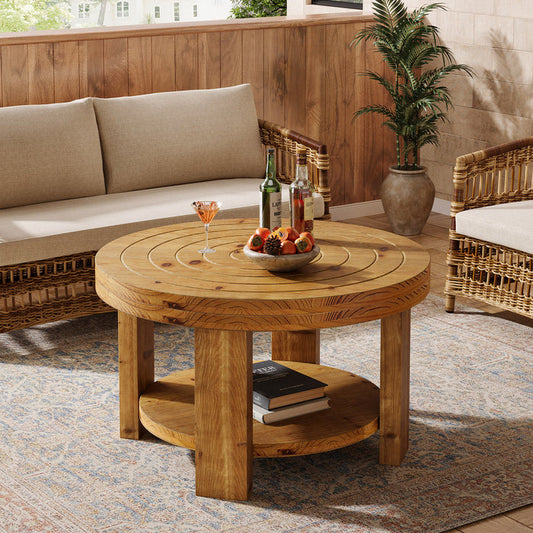 31.5-Inch Round Coffee Table, Farmhouse Solid Wood 2-Tier Storage Accent Table with Boho Design