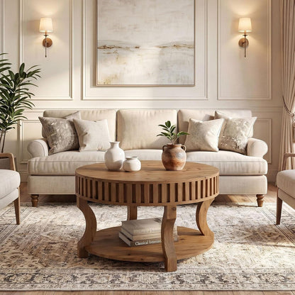 31.5" Round Coffee Table, Farmhouse 2-Tier Center Table with Storage for Living Room