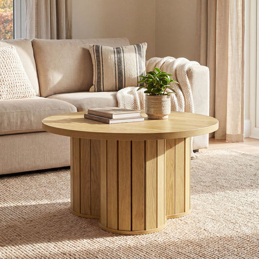 31.5-Inch Round Coffee Table, Wooden Circle Center Table with Fluted Three-Lobed Base for Living Room Apartment