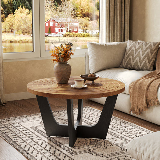 31.5-Inch Round Solid Wood Coffee Table with Ring Groove
