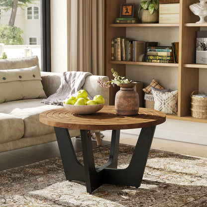 31.5-Inch Round Solid Wood Coffee Table with Ring Groove