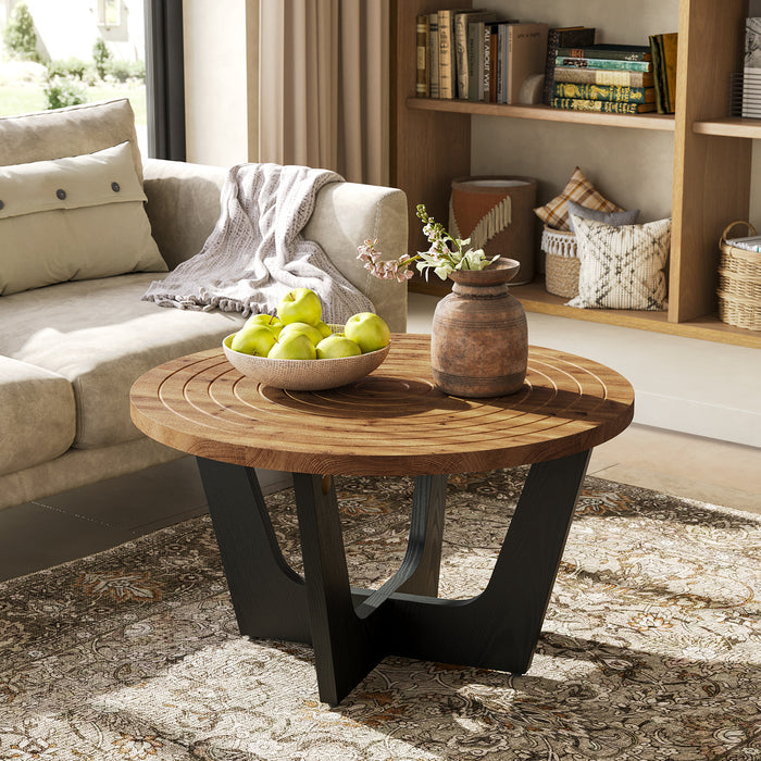 31.5-Inch Round Solid Wood Coffee Table with Ring Groove