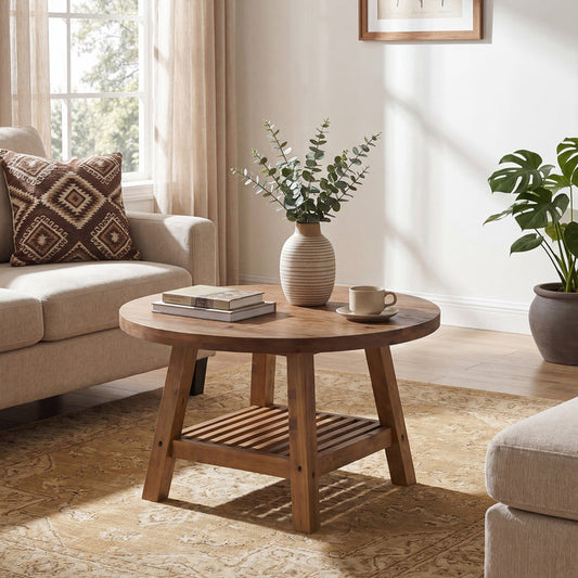 31.5 Inch Solid Wood Round Coffee Table with 2-Tier Storage, Living Room Center Table